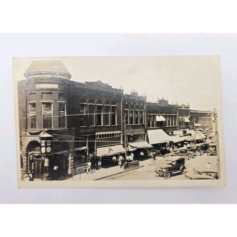 RPPC Real Photo Postcard Main Street Bell Block Building Cars 1910s Austin MN?